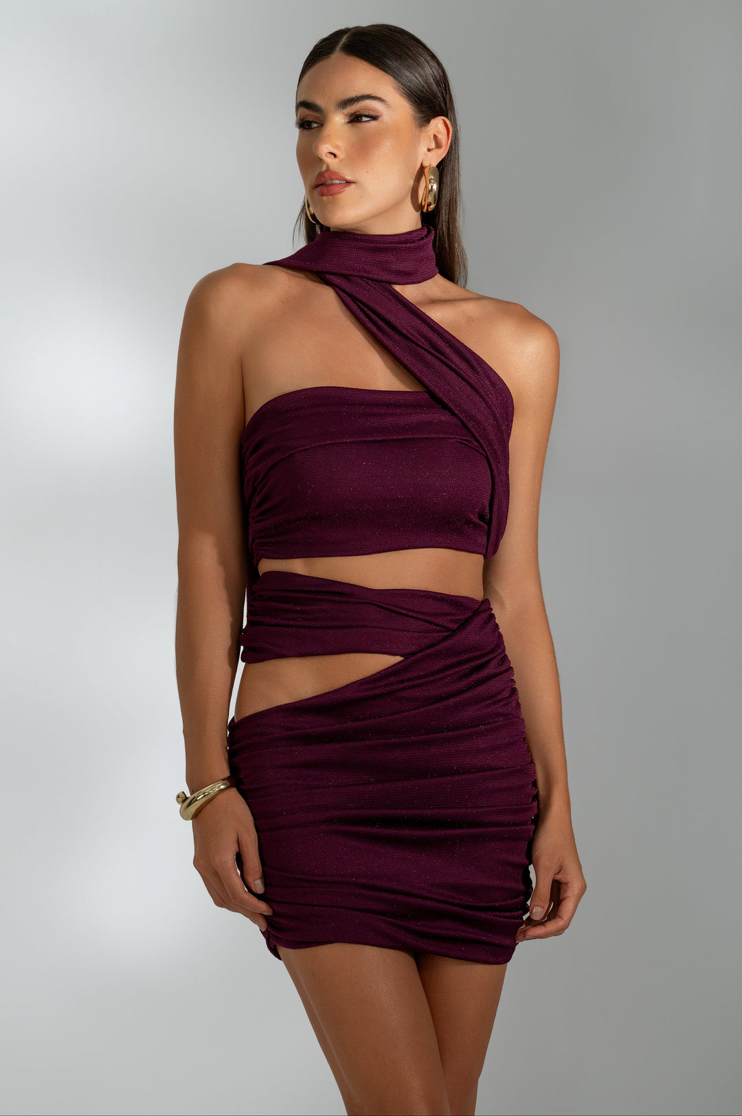 Conjunto Top + Saia Drapeada Com Hot Fix Roxo