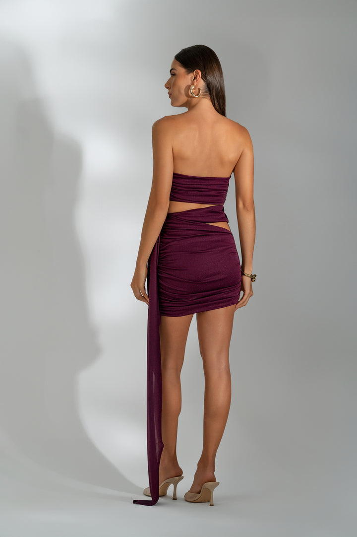 Conjunto Top + Saia Drapeada Com Hot Fix Roxo