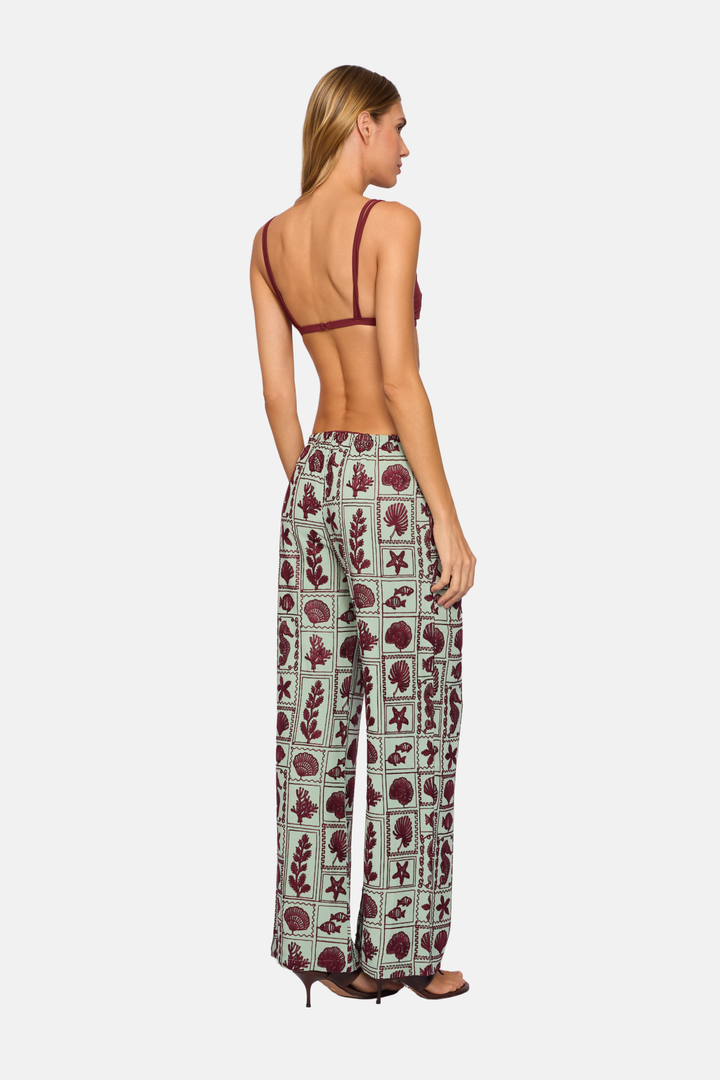 Calça Longa Marítima Reta Estampa Bordada Marsala e Verde