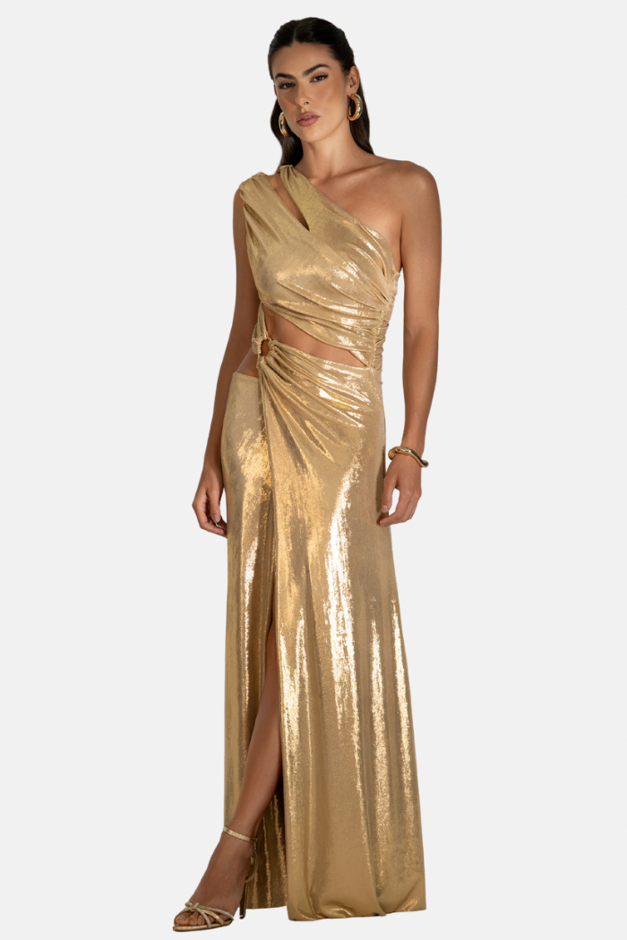 Vestido Longo Drapeado Recortes Duna Metalizado Dourado