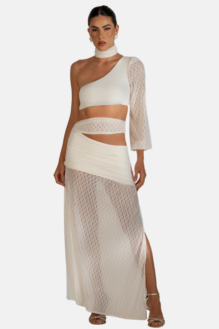 Conjunto Cropped + Saia Tule Com Textura Serena