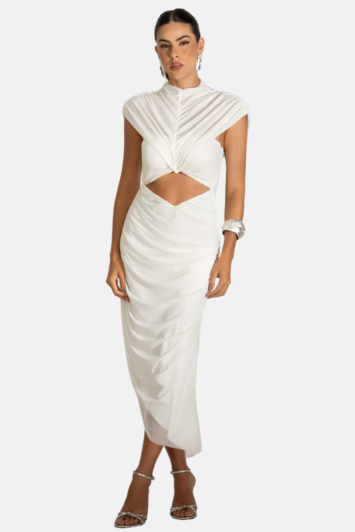 Vestido Assimétrico Drapeado Com Capa Removível Off