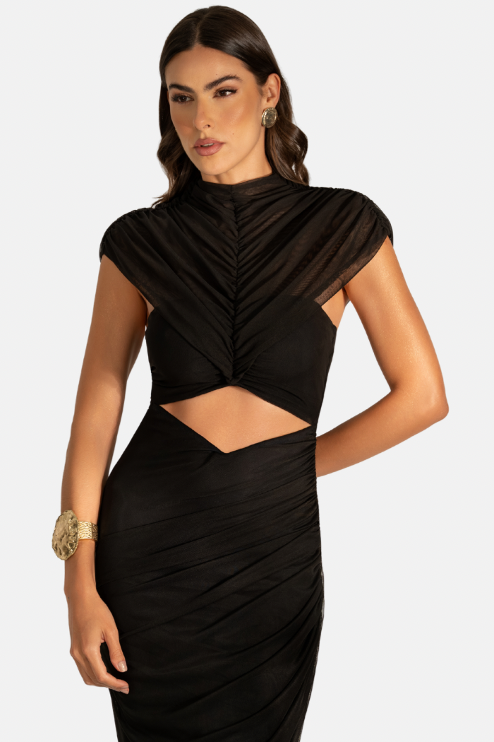 Vestido Assimétrico Drapeado Com Capa Removível Preto