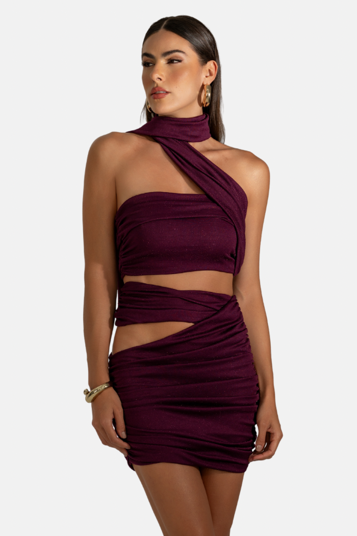 Saia Curta Drapeada Cós Flexível Malha Com Hot Fix