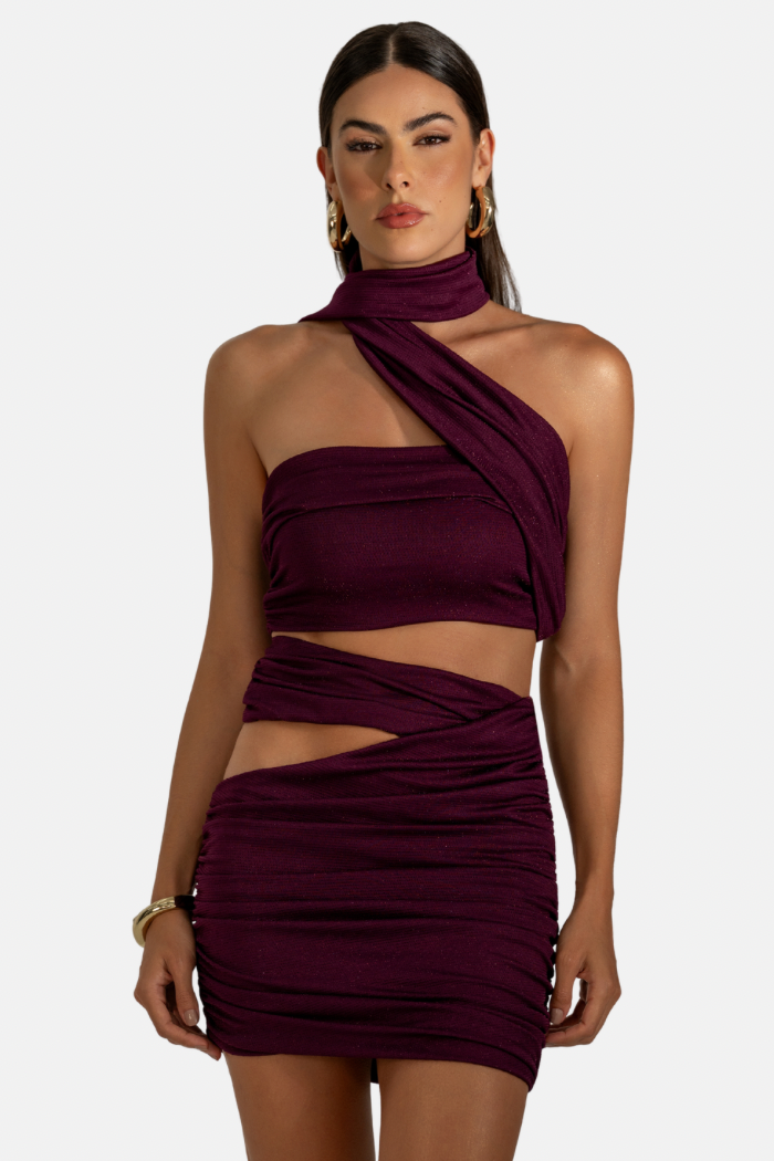 Conjunto Top + Saia Drapeada Com Hot Fix Roxo