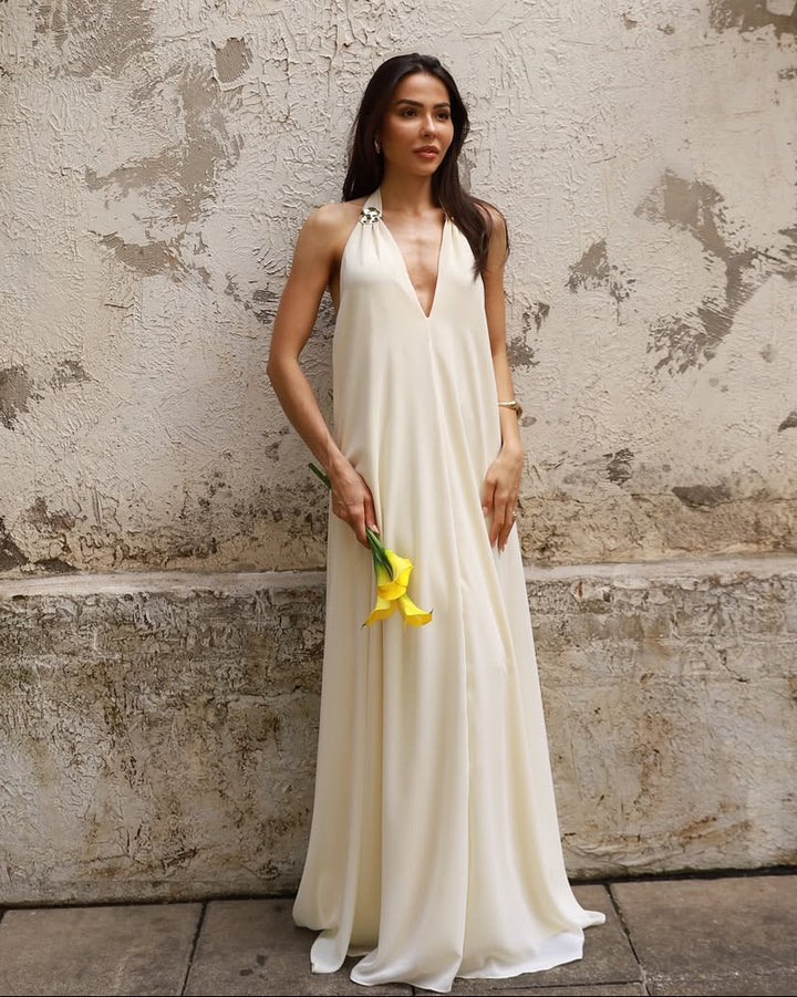 Vestido Longo Frente Única Detalhe Metal Removível