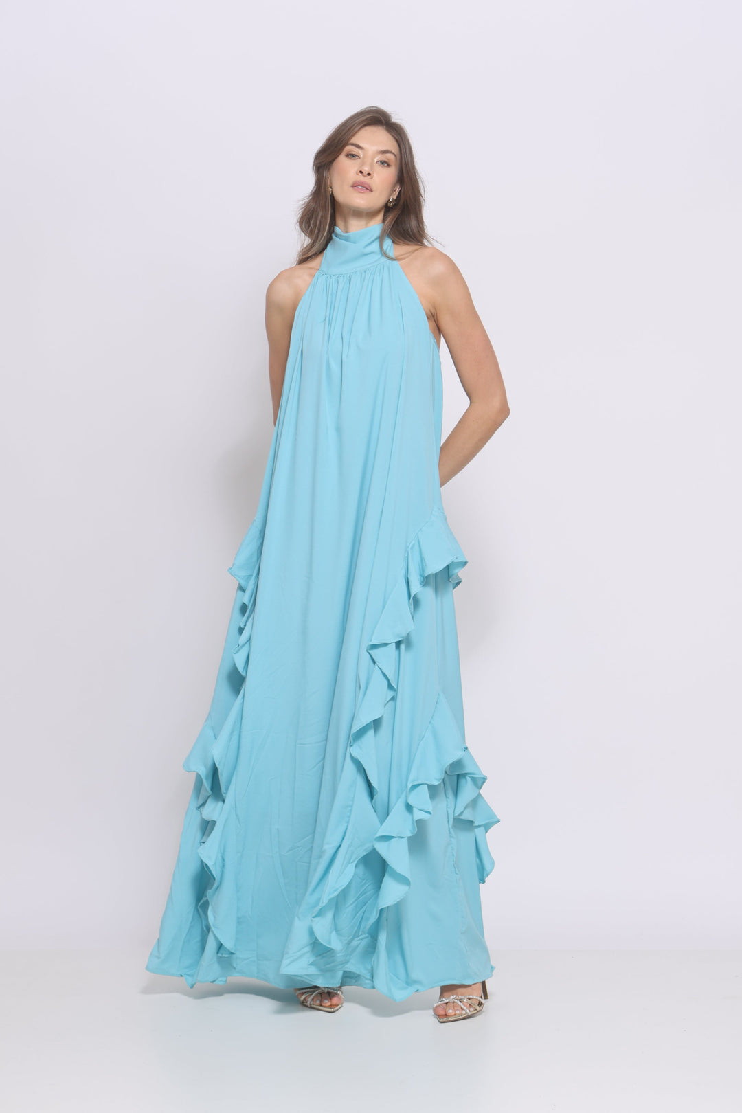 Vestido Longo Frente Única Babado Azul
