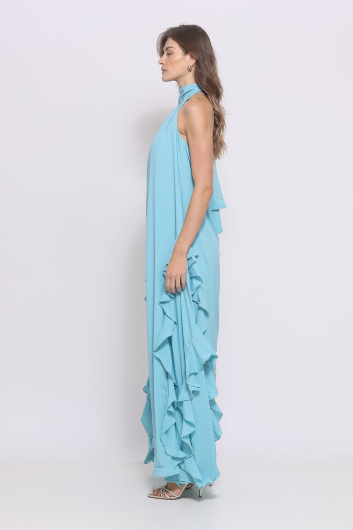 Vestido Longo Frente Única Babado Azul