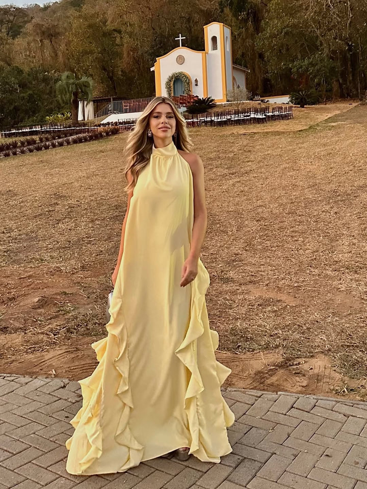 Vestido Longo  Frente Única Babado Amarelo Manteiga