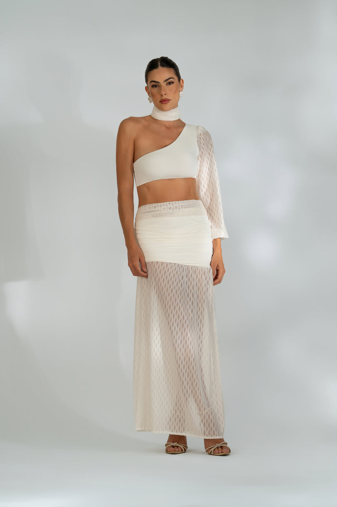 Conjunto Cropped + Saia Tule Com Textura Serena