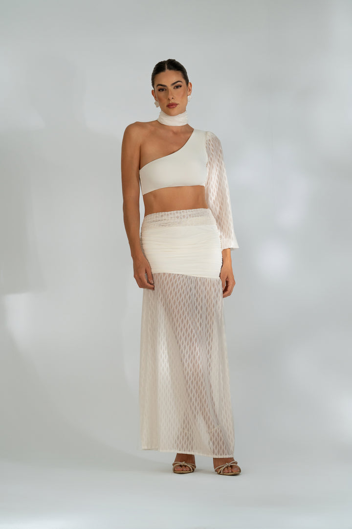 Conjunto Cropped + Saia Tule Com Textura Serena