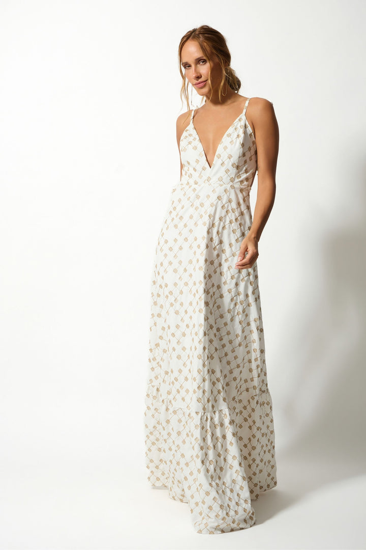 Vestido Longo Decote V Com Detalhe Dourado Luna