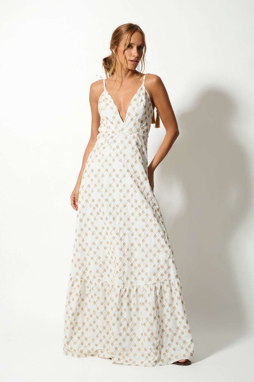 Vestido Longo Decote V Com Detalhe Dourado Luna