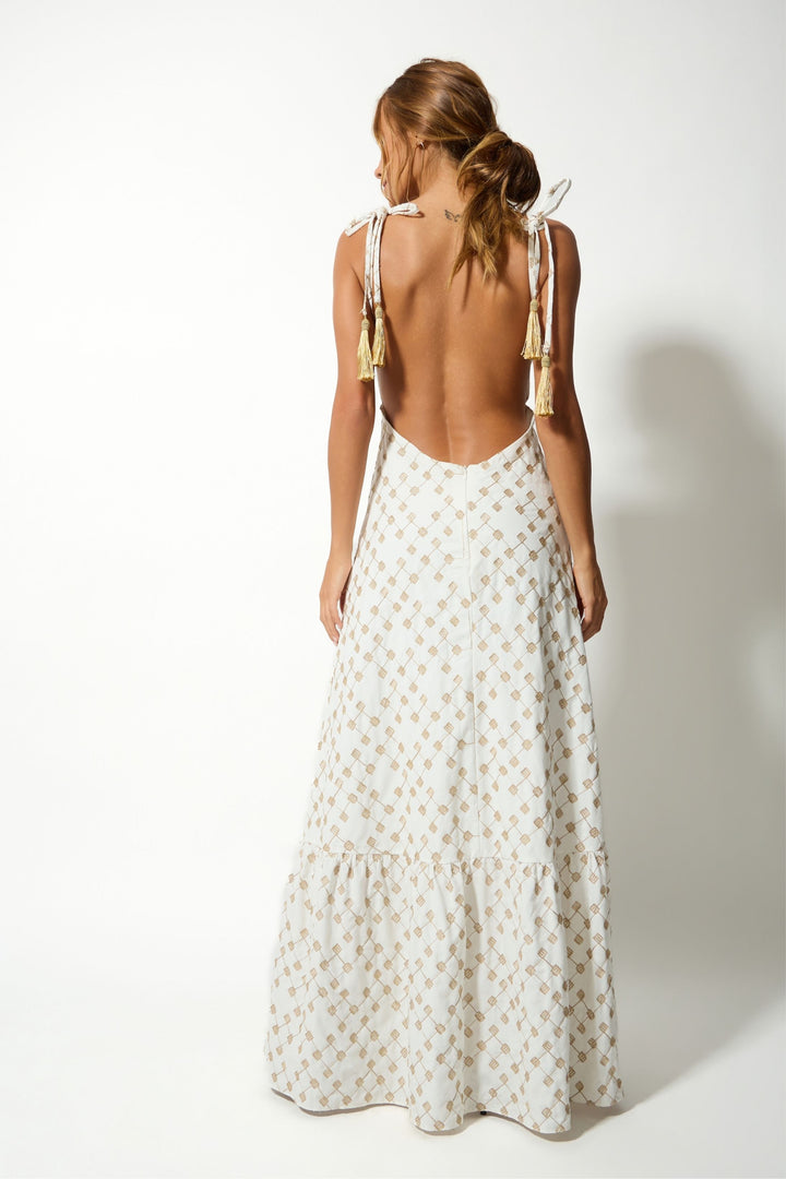 Vestido Longo Decote V Com Detalhe Dourado Luna