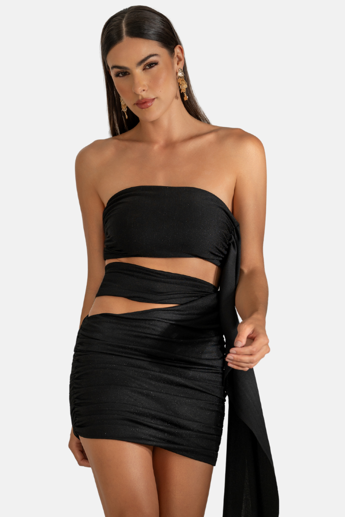 Conjunto Top + Saia Drapeada Com Hot Fix Preto