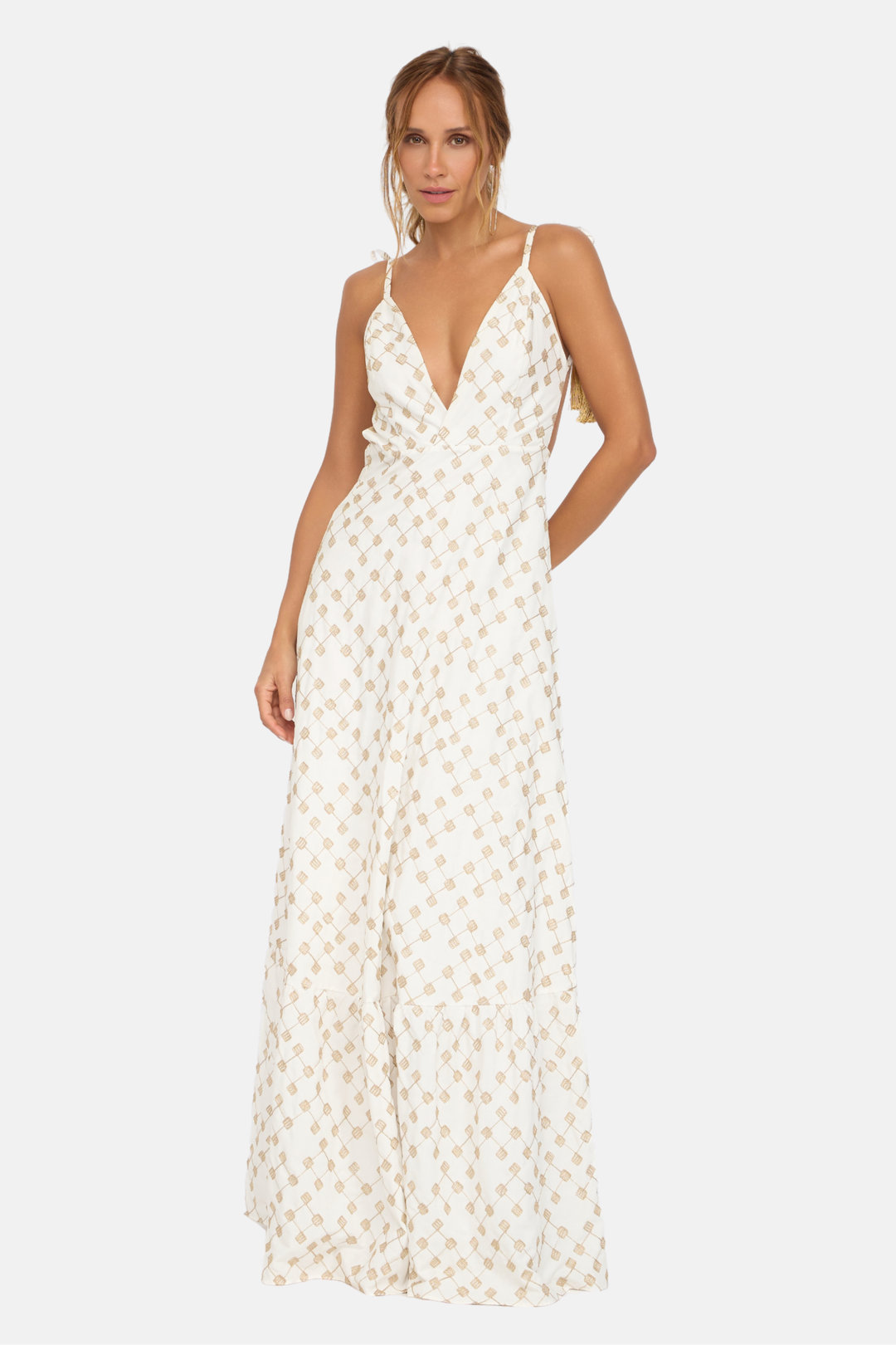 Vestido Longo Decote V Com Detalhe Dourado Luna