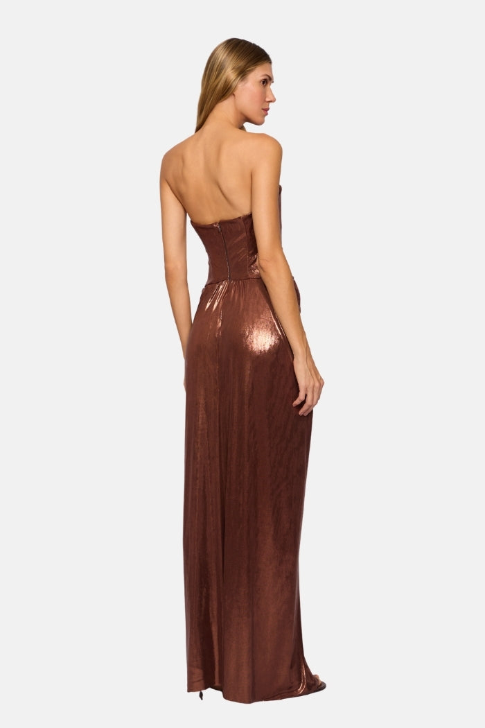 Pré-Venda Vestido Longo Angel Corset Estruturado Com Pregas Marrom Metalizado