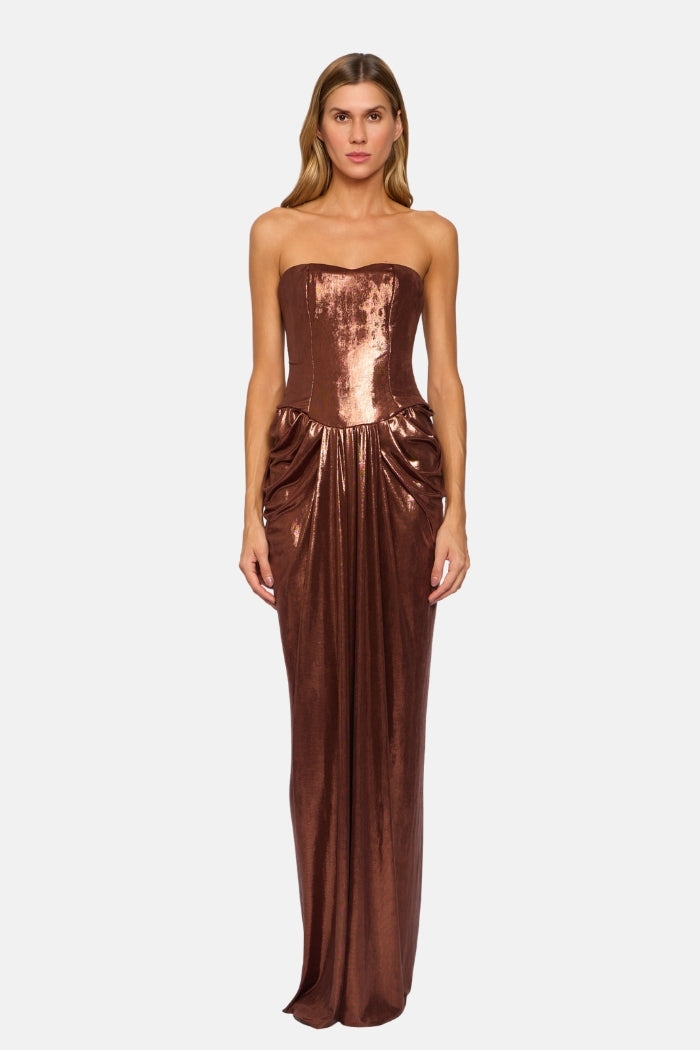Pré-Venda Vestido Longo Angel Corset Estruturado Com Pregas Marrom Metalizado