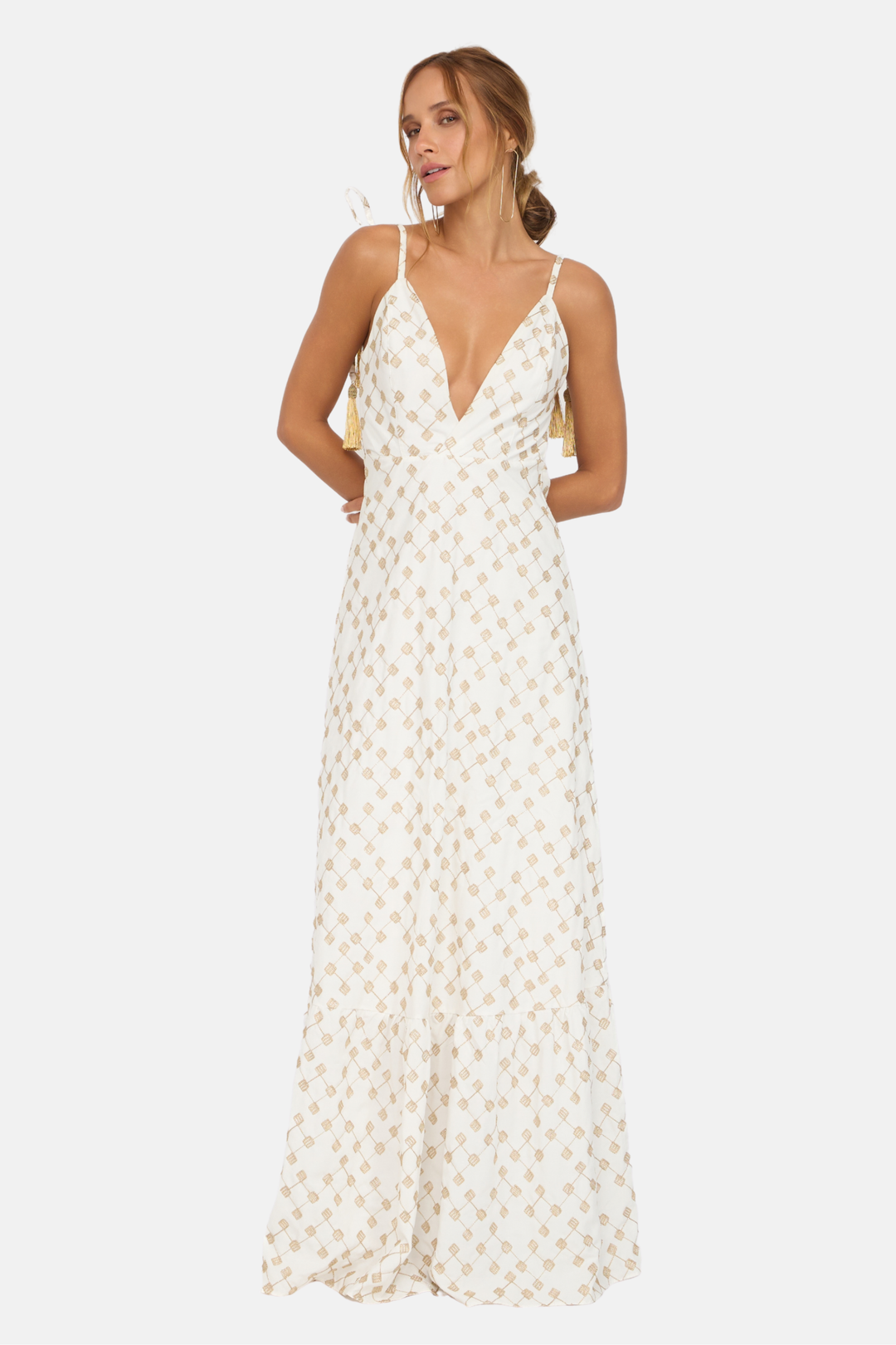 Vestido Longo Decote V Com Detalhe Dourado Luna