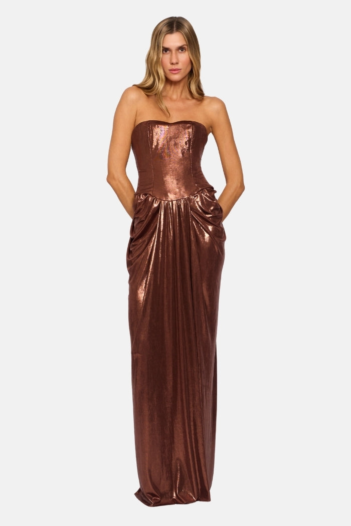 Pré-Venda Vestido Longo Angel Corset Estruturado Com Pregas Marrom Metalizado