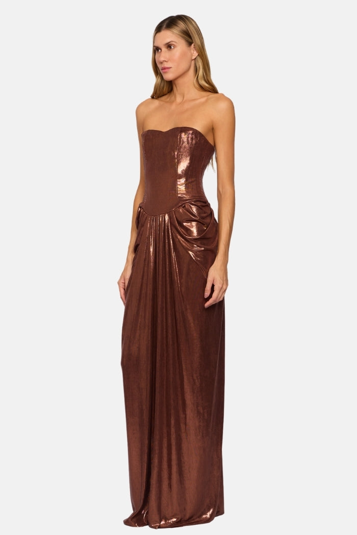 Pré-Venda Vestido Longo Angel Corset Estruturado Com Pregas Marrom Metalizado