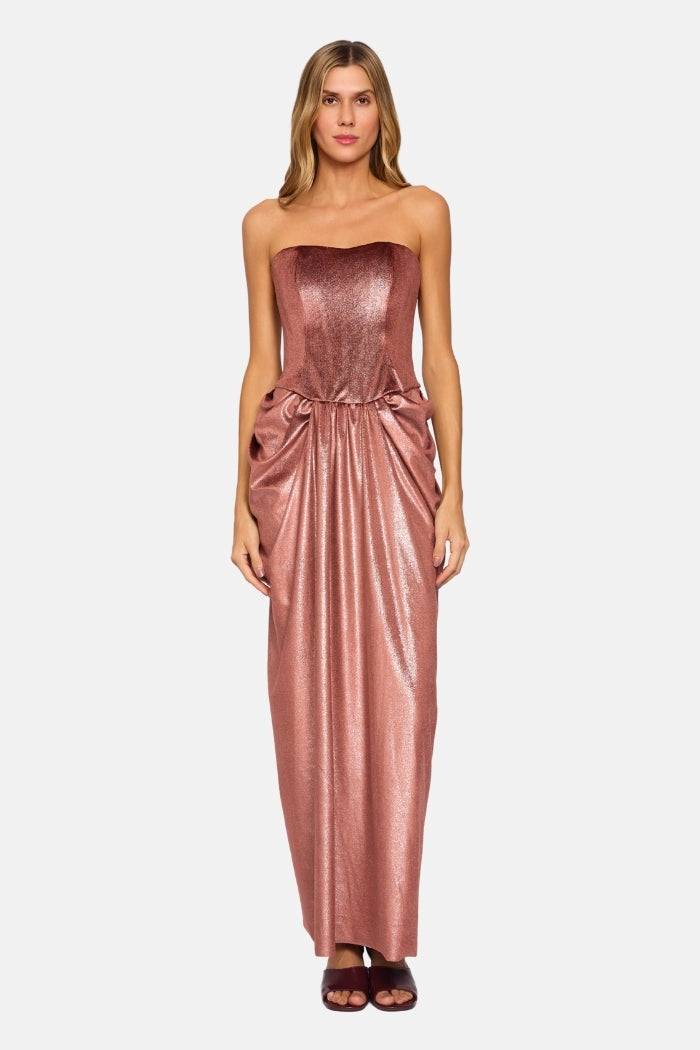 Pré-Venda Vestido Longo Angel Corset Estruturado Com Pregas Rose Veludo