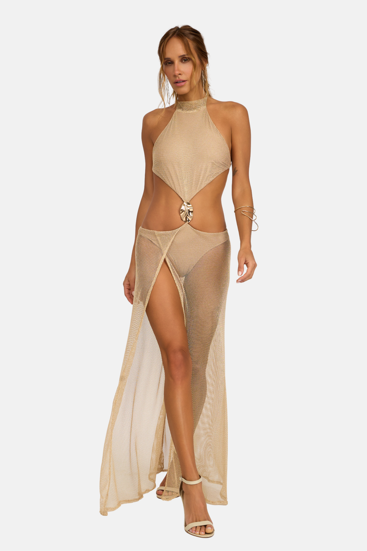 Vestido Longo Frente Única Detalhe Metal Tela Com Lurex Íris