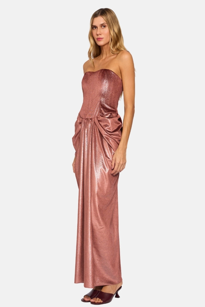 Pré-Venda Vestido Longo Angel Corset Estruturado Com Pregas Rose Veludo