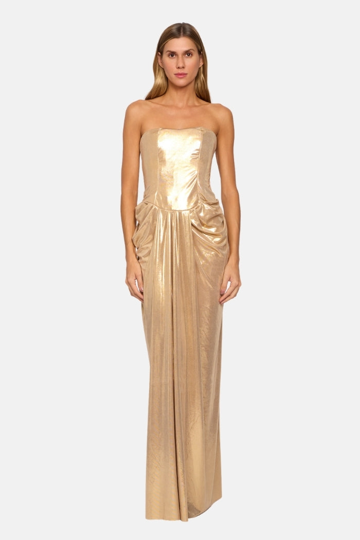 Pré-Venda Vestido Longo Angel Corset Estruturado Com Pregas Dourado Metalizado