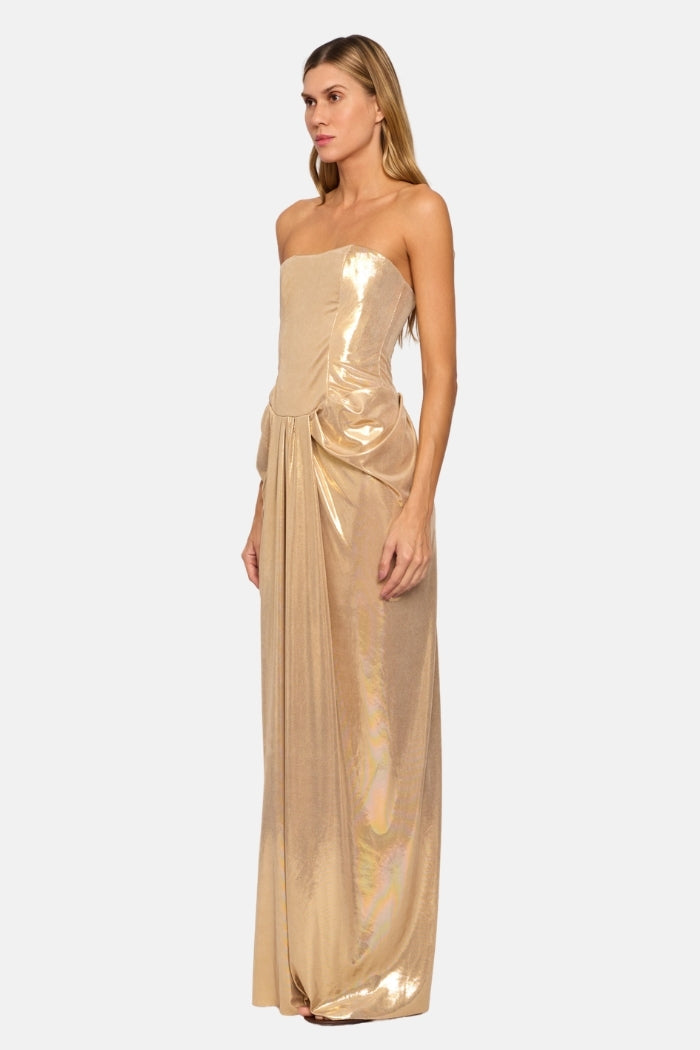 Pré-Venda Vestido Longo Angel Corset Estruturado Com Pregas Dourado Metalizado