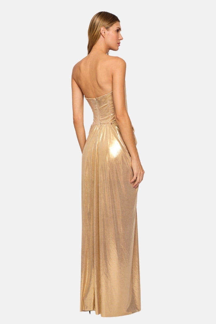 Pré-Venda Vestido Longo Angel Corset Estruturado Com Pregas Dourado Metalizado