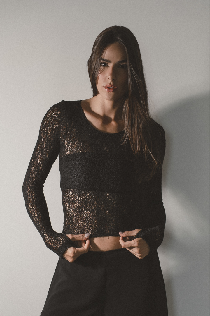 Blusa Manga Longa Renda Celine