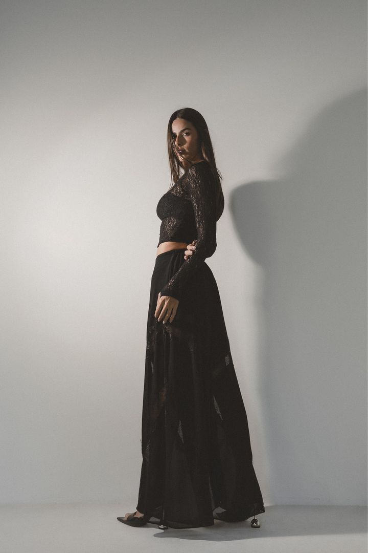 Calça Pantalona Com Renda Celine