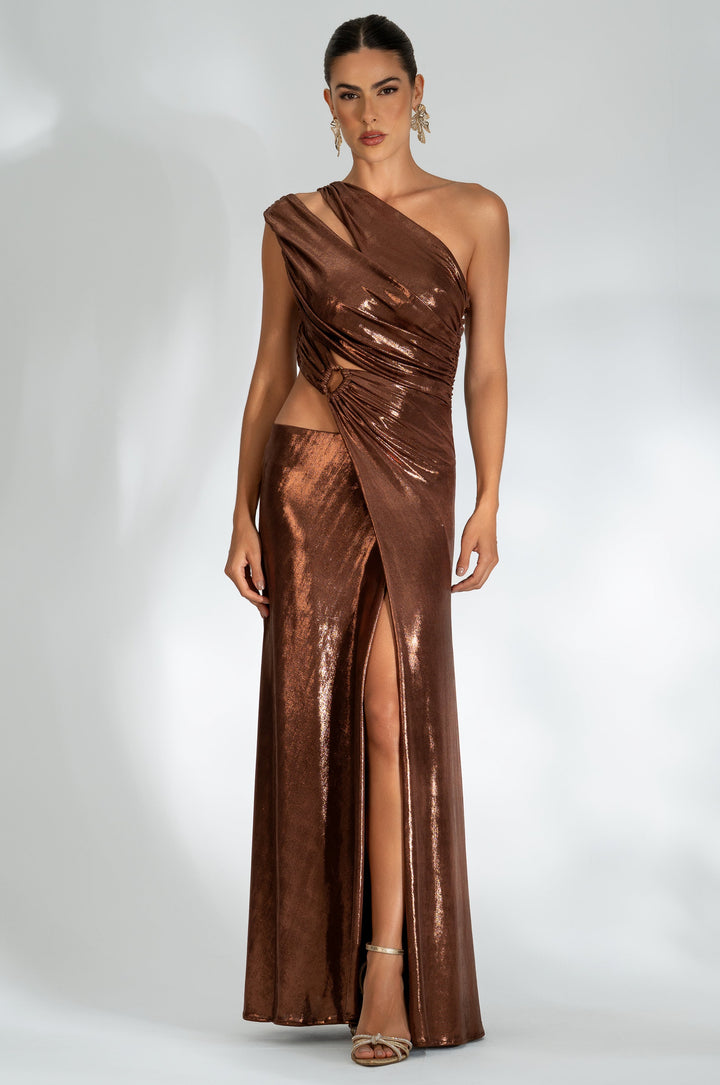 Vestido Longo Drapeado Recortes Duna Metalizado Marrom