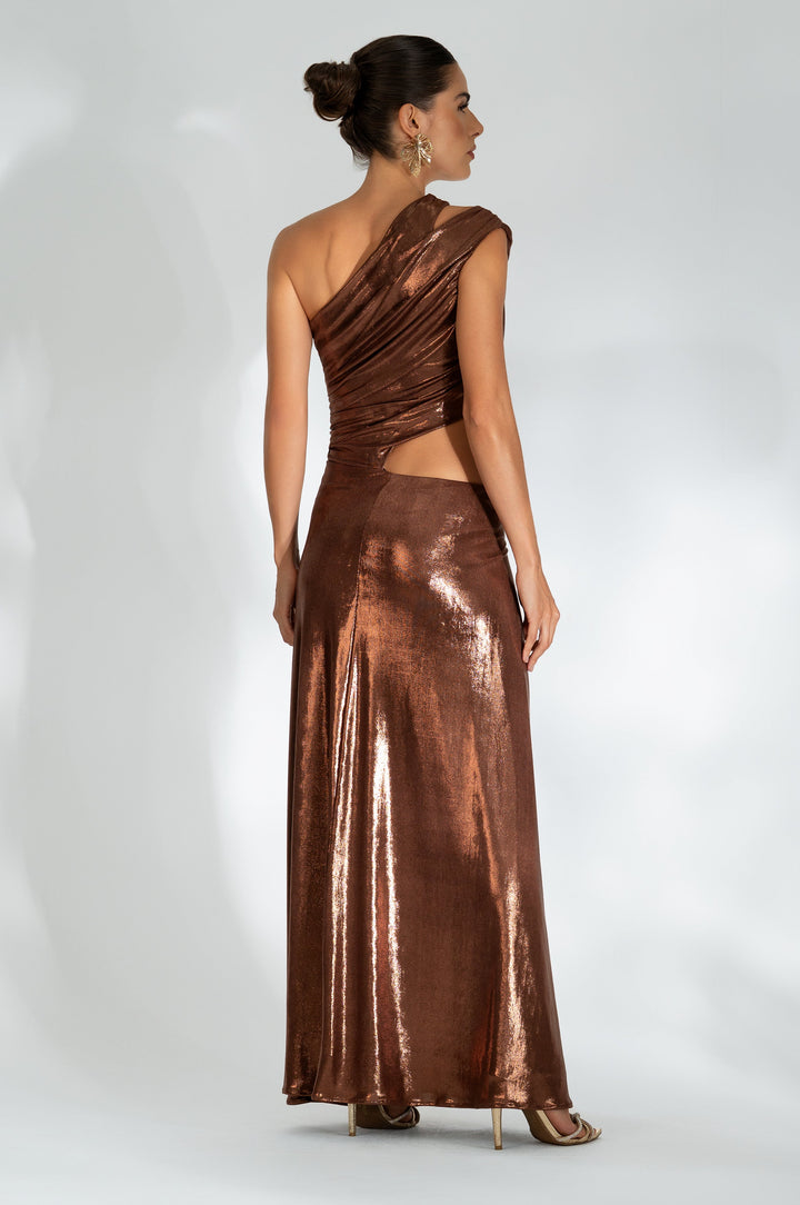Vestido Longo Drapeado Recortes Duna Metalizado Marrom