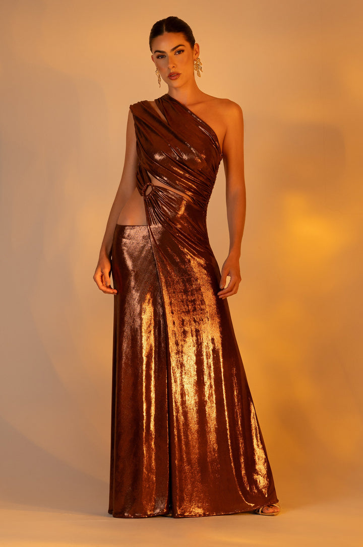 Vestido Longo Drapeado Recortes Duna Metalizado Marrom