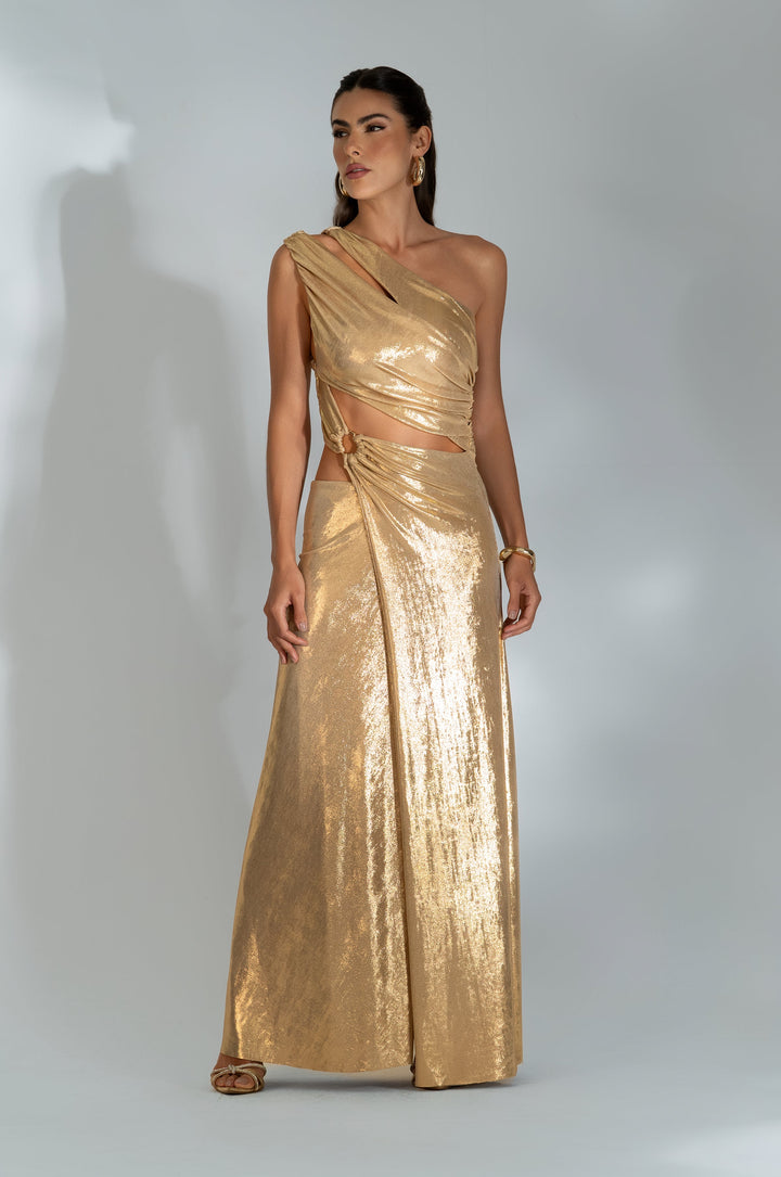 Vestido Longo Drapeado Recortes Duna Metalizado Dourado
