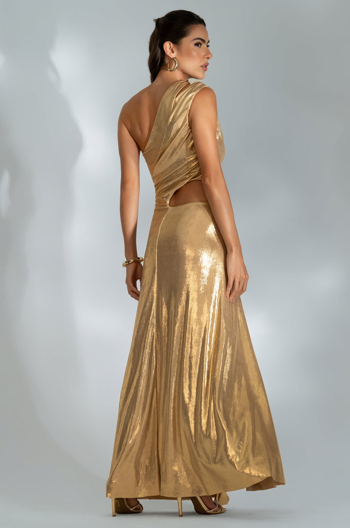 Vestido Longo Drapeado Recortes Duna Metalizado Dourado