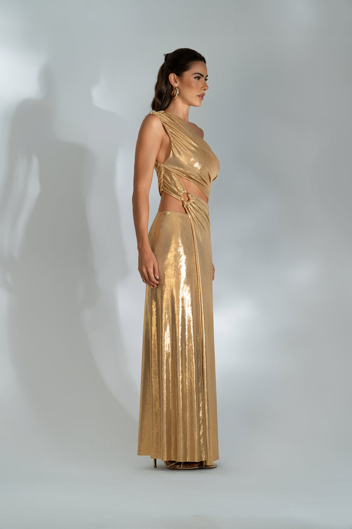 Vestido Longo Drapeado Recortes Duna Metalizado Dourado