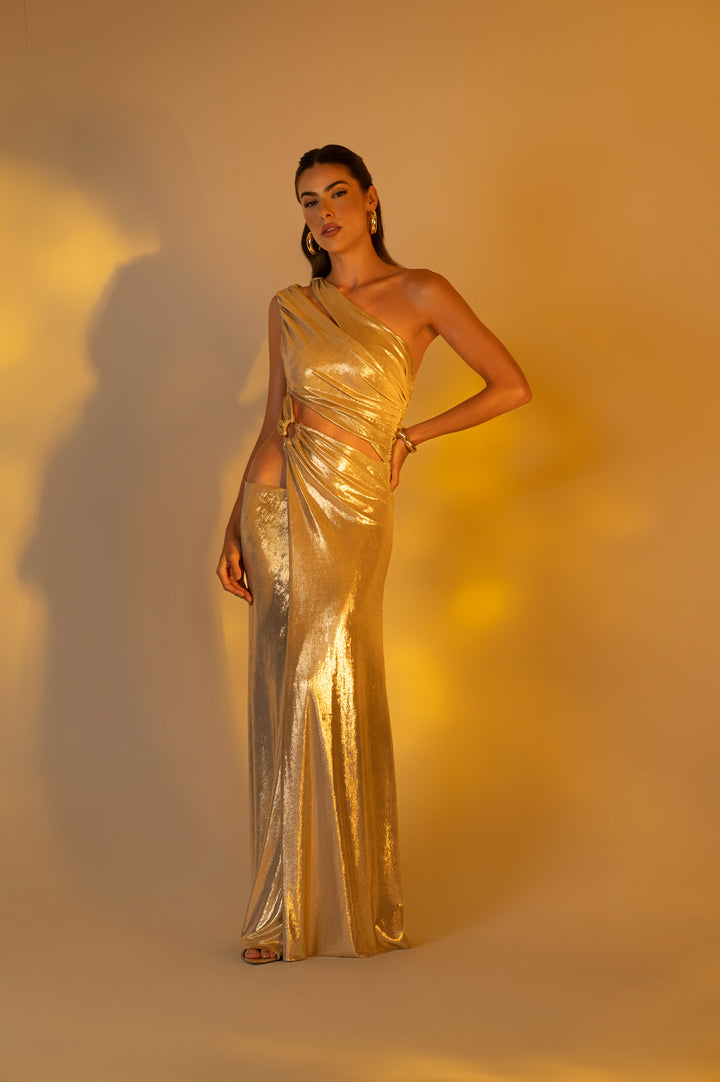 Vestido Longo Drapeado Recortes Duna Metalizado Dourado