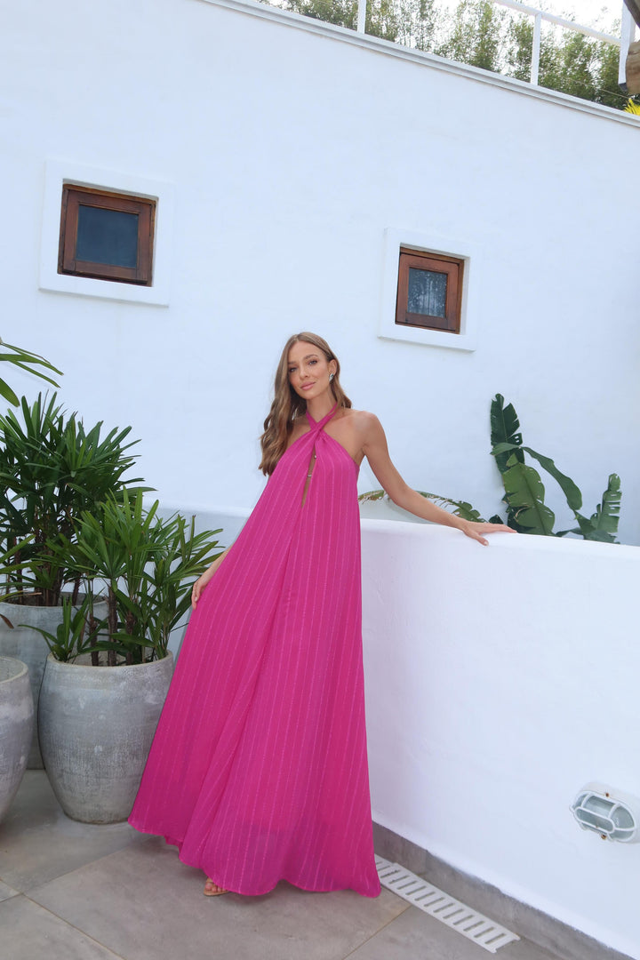 Vestido Longo Decote V Fluído Riviera Rosa Pink