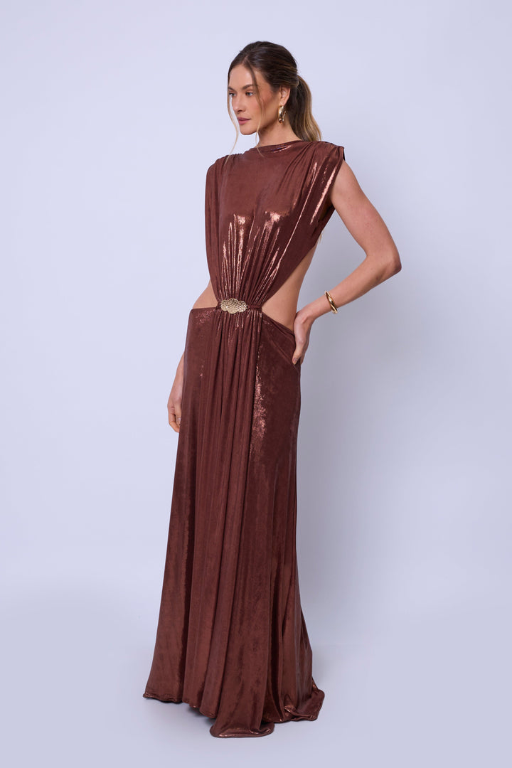 Vestido Longo Decote Costas Celeste Bronze
