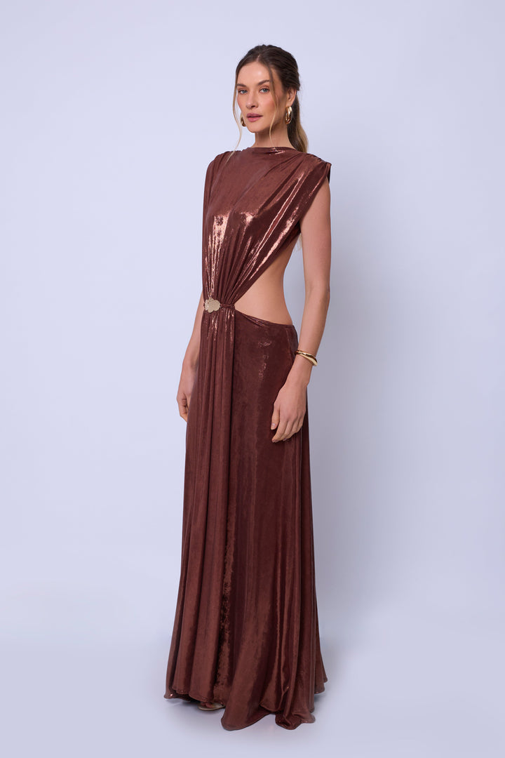Vestido Longo Decote Costas Celeste Bronze