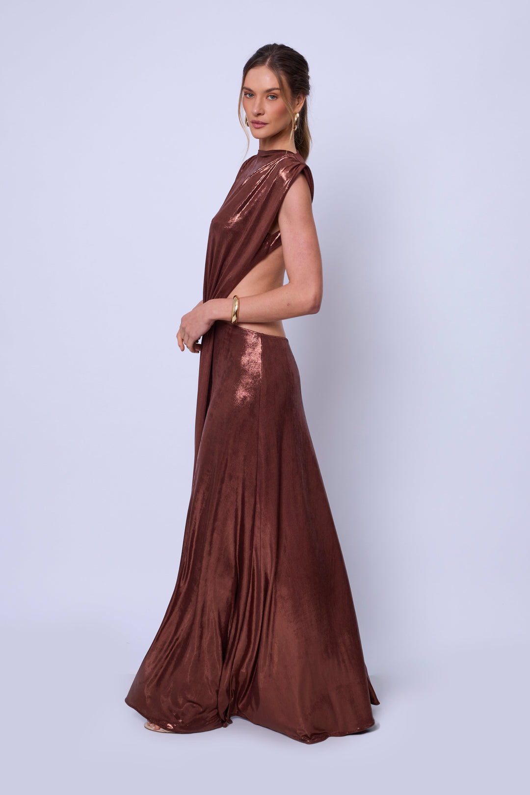Vestido Longo Decote Costas Celeste Bronze