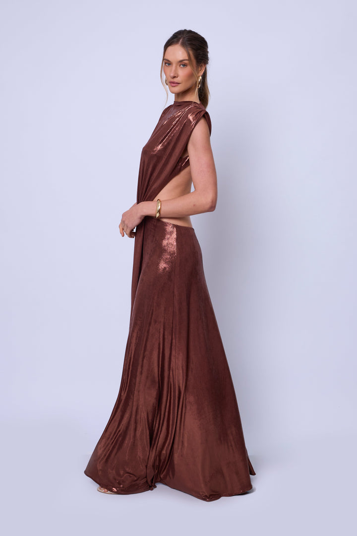 Vestido Longo Decote Costas Celeste Bronze