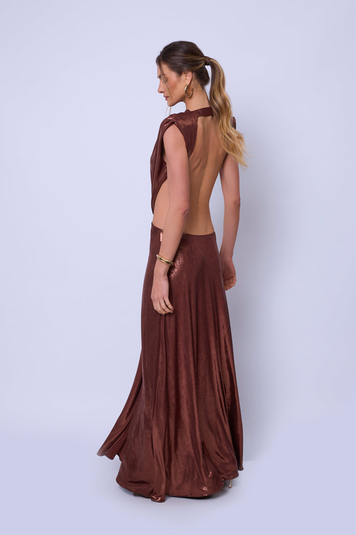 Vestido Longo Decote Costas Celeste Bronze
