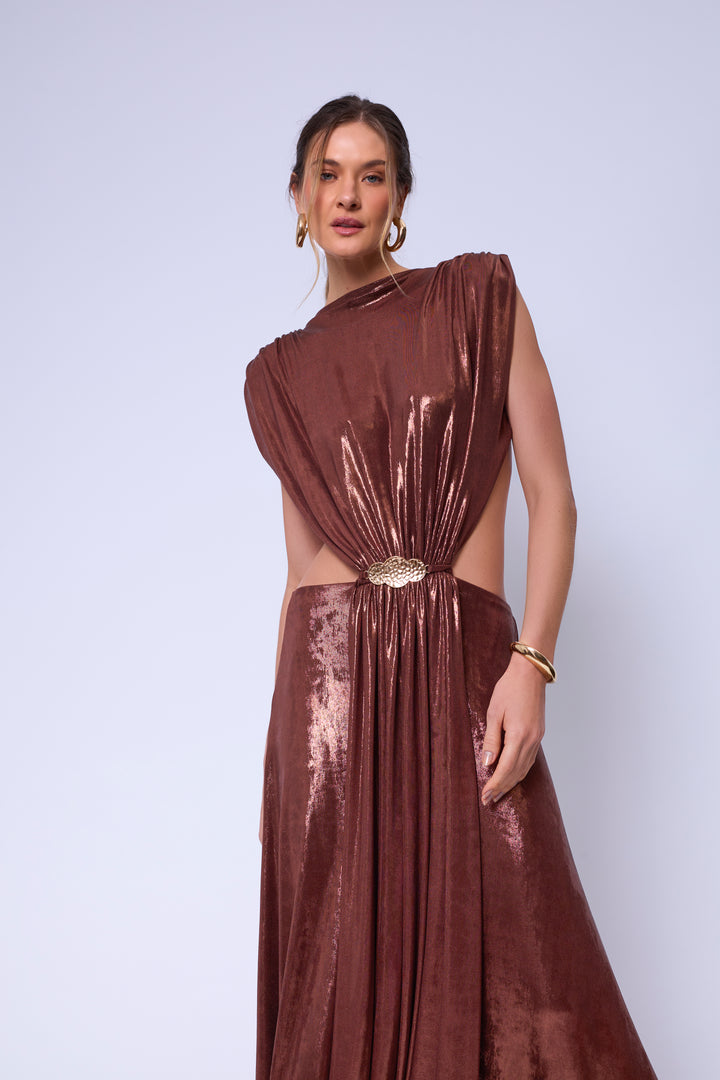 Vestido Longo Decote Costas Celeste Bronze