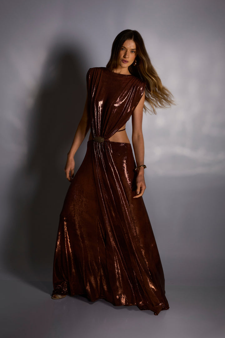Vestido Longo Decote Costas Celeste Bronze