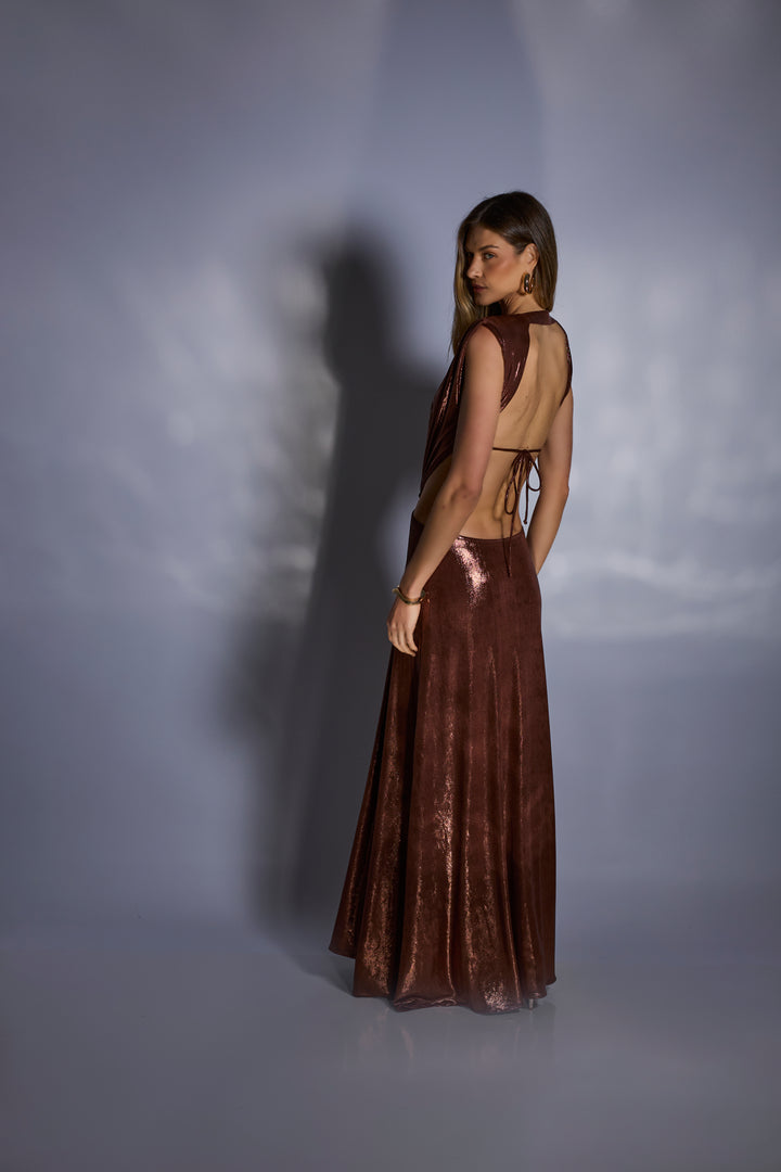 Vestido Longo Decote Costas Celeste Bronze