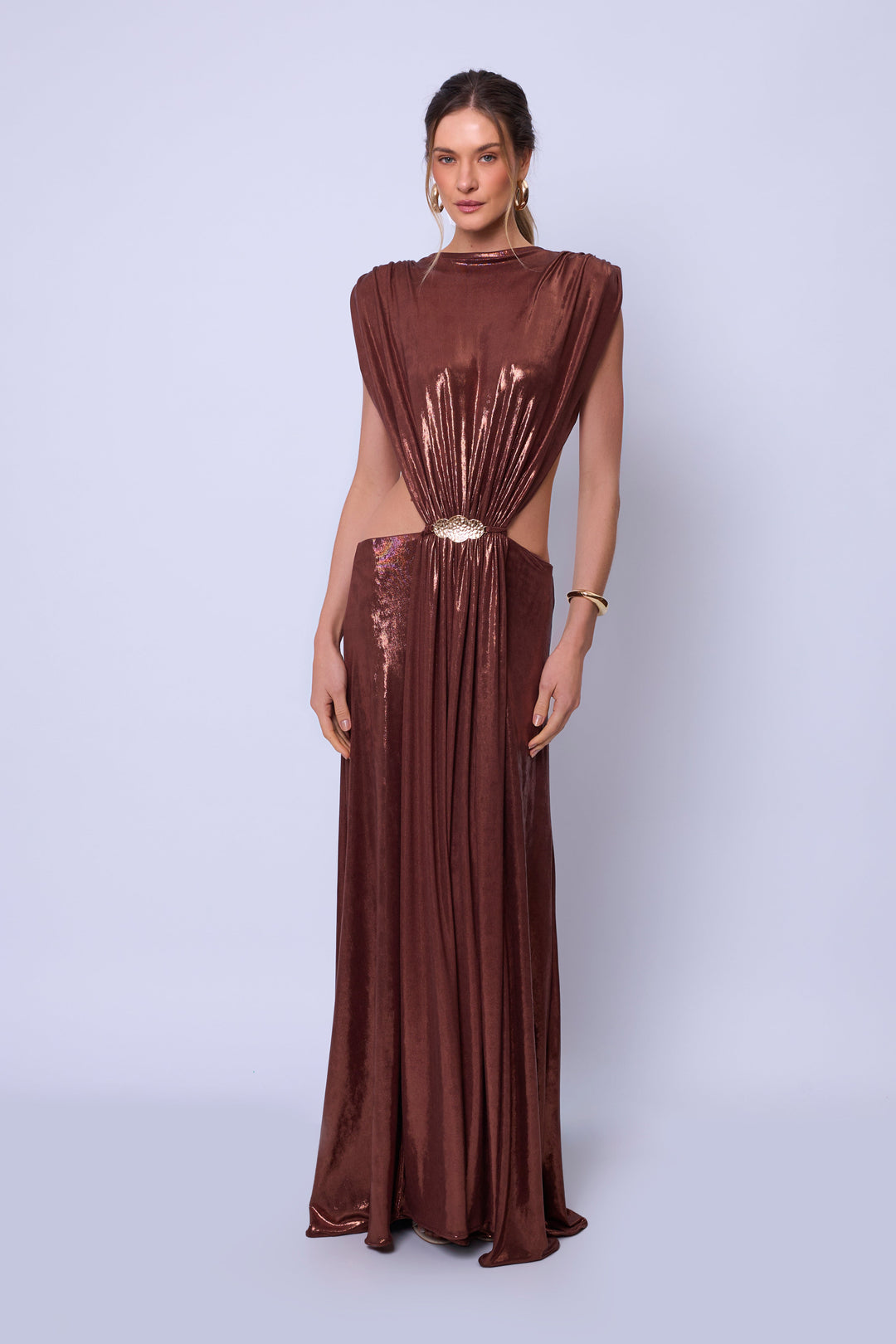 Vestido Longo Decote Costas Celeste Bronze